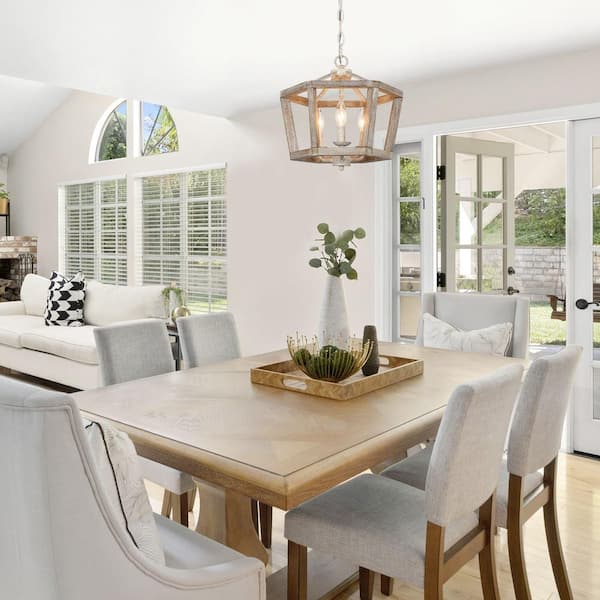 Farmhouse Gray Geometric Wood Lantern Candlestick Chandelier, Coastal 3-Light Drum Island Country Dining Pendant Light