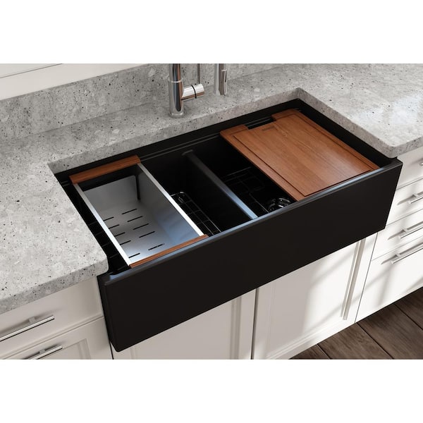 Step-Rim Matte Black Fireclay 36 in. Double Bowl Farmhouse Apron Front Workstation Kitchen Sink w/ Accessories