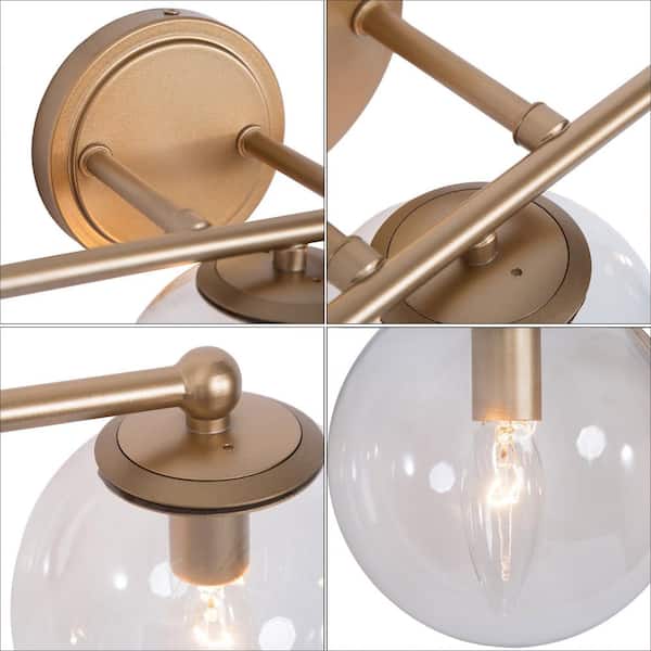 Mid-Century Modern Globe Bathroom Vanity Light 3-Light Brass Gold Round Wall Light with Clear Glass Shades