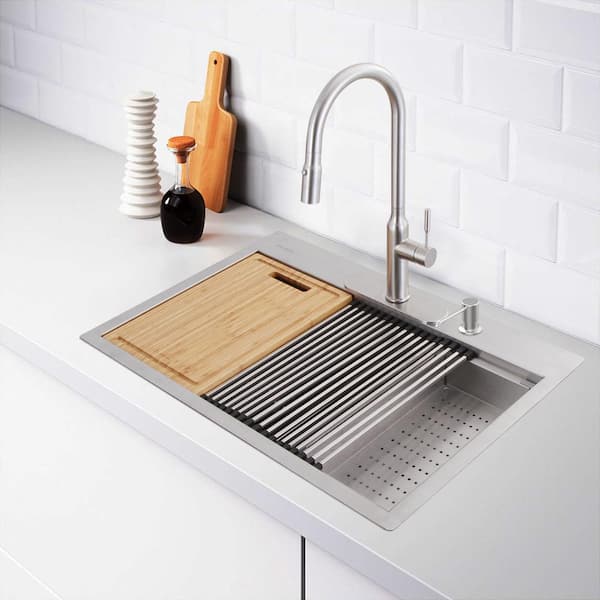 Zero Radius Drop-in 18G Stainless Steel 27 in. 4-Hole Single Bowl Workstation Kitchen Sink with Accessories