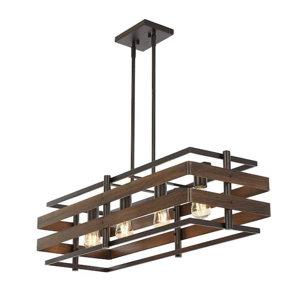 Horizon 34 in. 4-Light Wood/Oil Rubbed Bronze Rustic Farmhouse Iron Linear LED Pendant