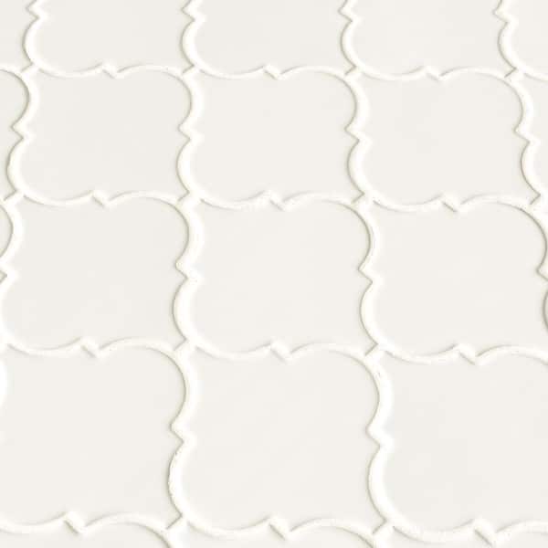 Whisper White Arabesque 10-1/2 in. x 15-1/2 in. x 8 mm Glossy Ceramic Mesh-Mounted Mosaic Wall Tile (11.7 sq. ft. /case)