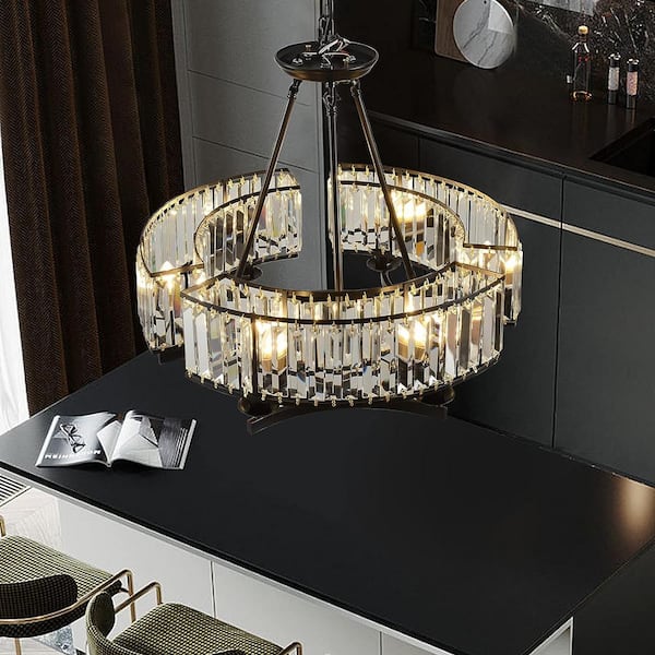 Modern Crystal Chandelier 26 in. 6-Light Black Drum Pendant Lighting Ceiling Semi Flush Mount