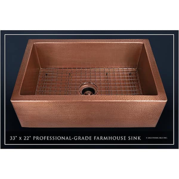 Luxury Medium Patina 12-Gauge Copper 33 in. Single Bowl Farmhouse Apron Kitchen Sink with Accs and Flat Front