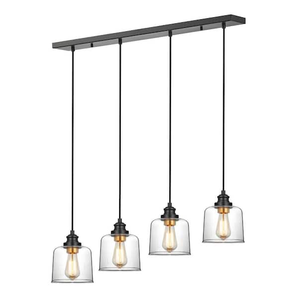 37 in. 4-Light Bronze Farmhouse Kitchen Island Pendant Light with Drum Glass Shade