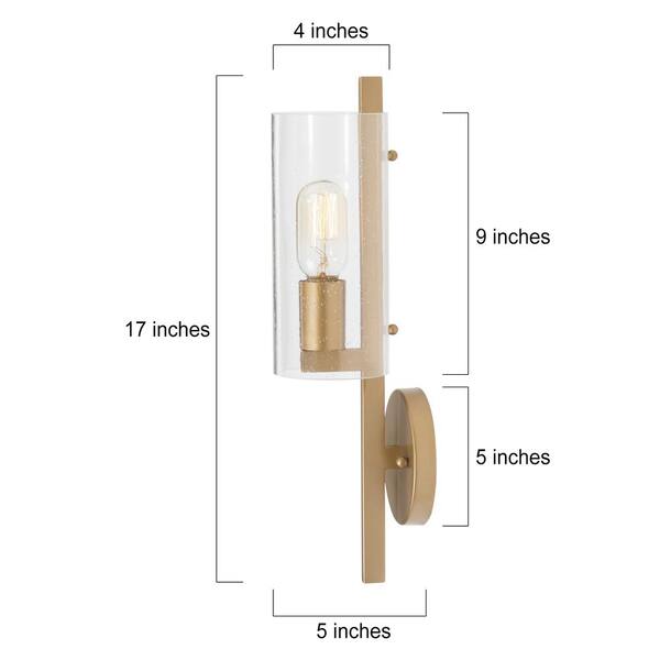 17 in H. Modern Cylinder Powder Room Wall Sconce 1-Light Large Brass Gold Bathroom Single Light with Seeded Glass Shade