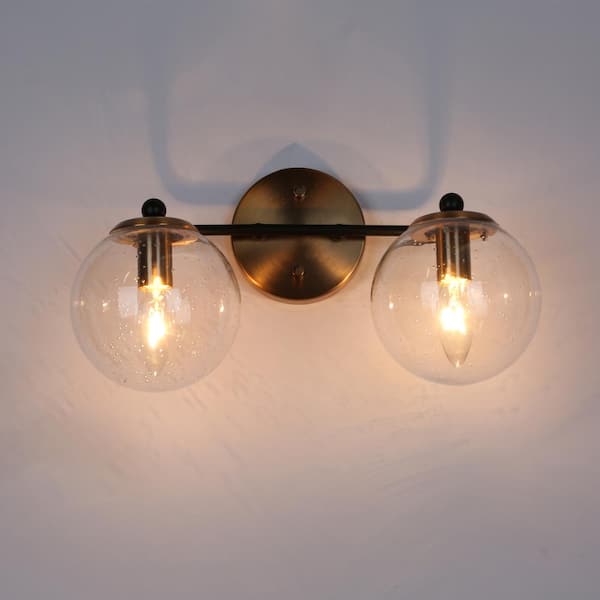 14.5 in. 2-Light Polished Brass Modern Bathroom Vanity Light, DIY Globe Seeded Glass Bath Lighting, Black Wall Sconce