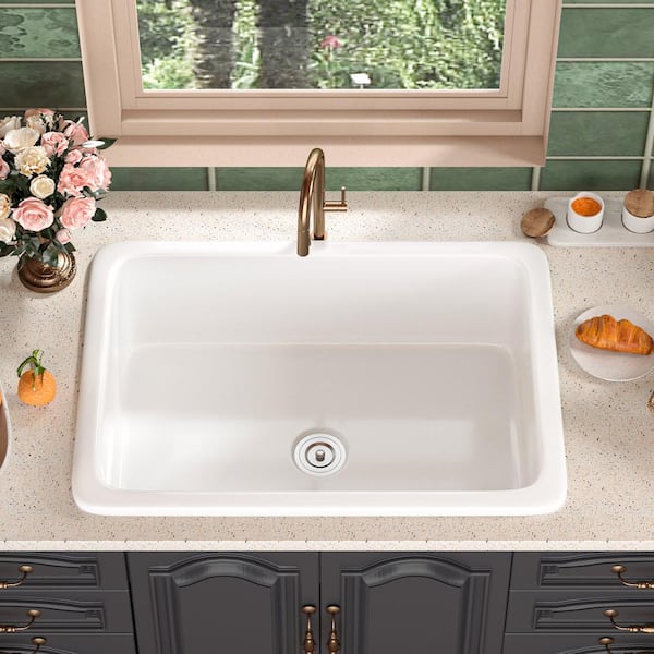 Glen White Rectangular Fireclay 27 in. Single Bowl Undermount/Drop-In Kitchen Sink with Basket Strainer and Sink Grid