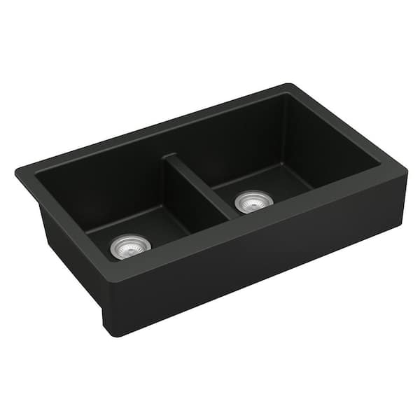 Retrofit Farmhouse Apron Front Quartz Composite 34 in. Double Bowl Kitchen Sink in Black