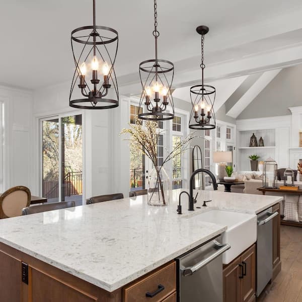 Farmhouse Chandelier Bronze Industrial 3-Light Drum Cage Candlestick Dining Room High Ceiling Pendant Chandelier