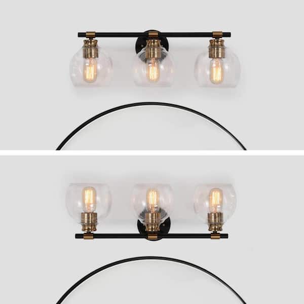 22 in. 3-Light Modern Brass Bathroom Vanity Light, Globe Seeded Glass Rustic Black Vanity Light, Powder Room Wall Sconce