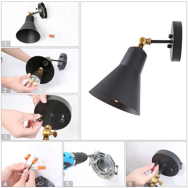 Modern Black and Brass 1-Light Swivel Wall Sconce with Bell Metal Shade Industrial Wall Light