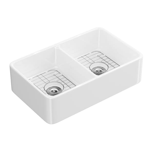 Denbigh Crisp White Fireclay 33 in. Double Bowl Farmhouse Apron Kitchen Sink with Bottom Grid