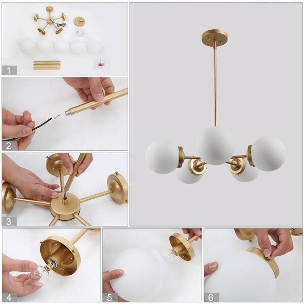 Modern Globe Dining Room Chandelier 5-Light Gold Sputnik Chandelier with Frosted Glass Shades