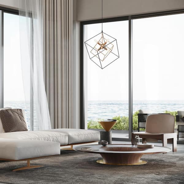 Black Sputnik Candlestick Island Chandelier, Linear Square Modern Industrial 6-Light Gold Nested Cage Pendant Light