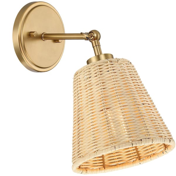 Adella 1-Light Brass Boho Natural Rattan Hardwired Wall Sconce with Adjustable Swivel Swing Arm