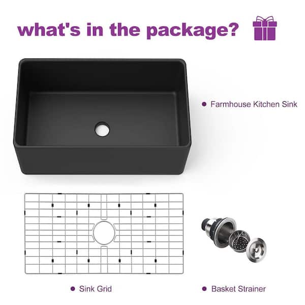 Fireclay 30 in. L x 18 in. W Black Single Bowl Farmhouse Apron Kitchen Sink with Grid and Strainer