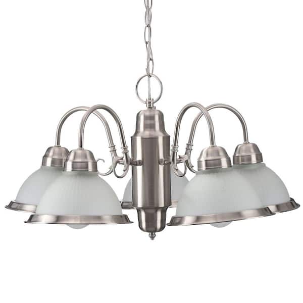 Halophane 5-Light Brushed Nickel Chandelier with Frosted Ribbed Glass Shades