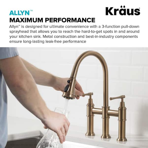 Allyn Double Handle Transitional Bridge Kitchen Faucet with Pull-Down Sprayhead in Brushed Gold