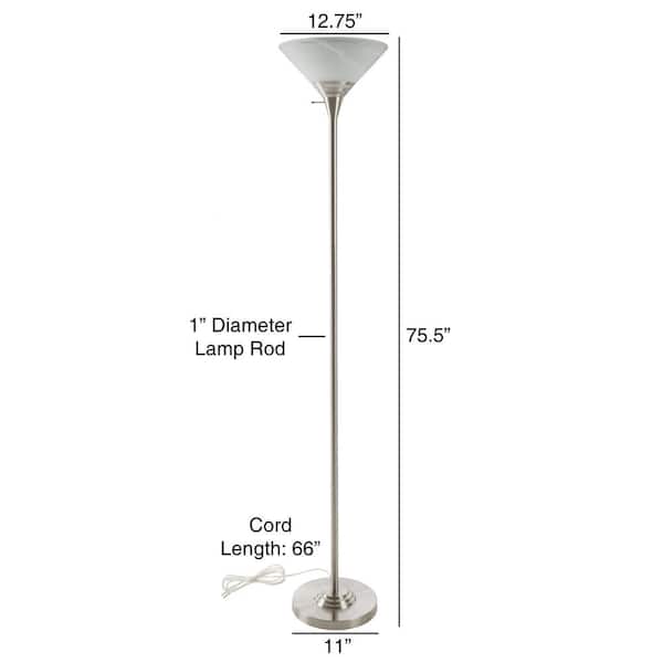 75.5 in. Brushed Silver Metal Torchiere Floor Lamp with Marbleized Glass Shade