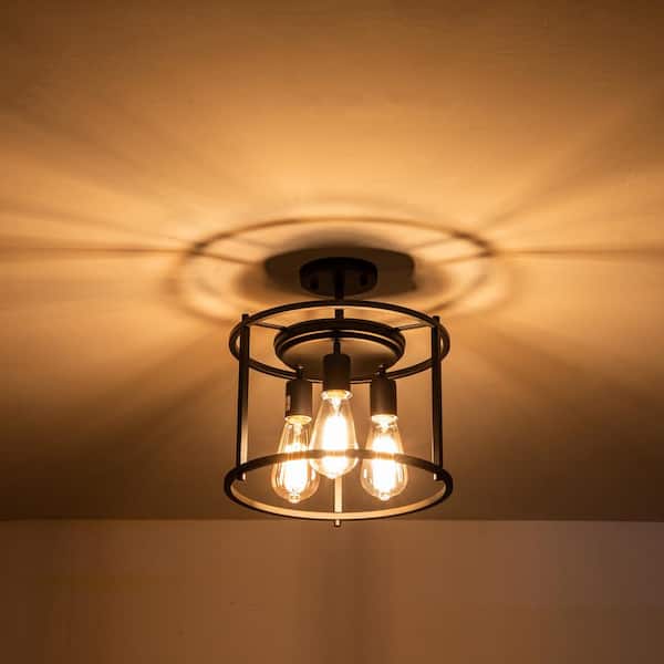 12 in. 3-Light Black Drum Cage Semi-Flush Mount Light