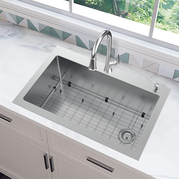 AIO Dolancourt Tight Radius Drop-In/Undermount 18G Stainless Steel 33 in. Single Bowl Kitchen Sink with Pull-Down Faucet