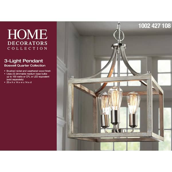 Boswell Quarter 14 in. 3-Light Brushed Nickel Farmhouse Square Chandelier with Painted Weathered Gray Wood Accents