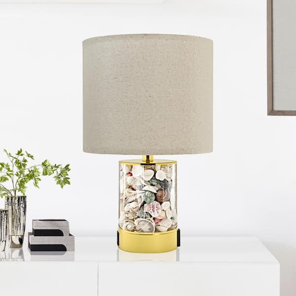 19 in. Gold Table Lamp with Seashell and Night Lights