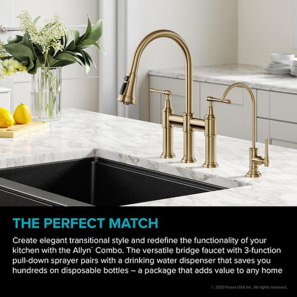 Allyn Double-Handle Transitional Bridge Kitchen Faucet and Beverage Faucet in Brushed Gold