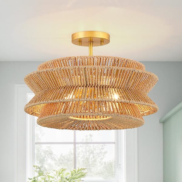 Silvia 16 in. 2-Light Bohemian Woven Rope Semi-Flush Mount Ceiling Light