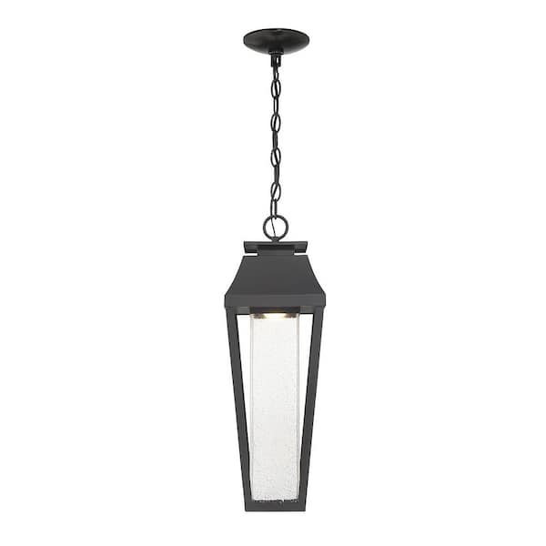 Brookline 7.25 in. W x 21.75 in. H 1-Light Matte Black LED Outdoor Pendant Light with Clear Seeded Glass Shade