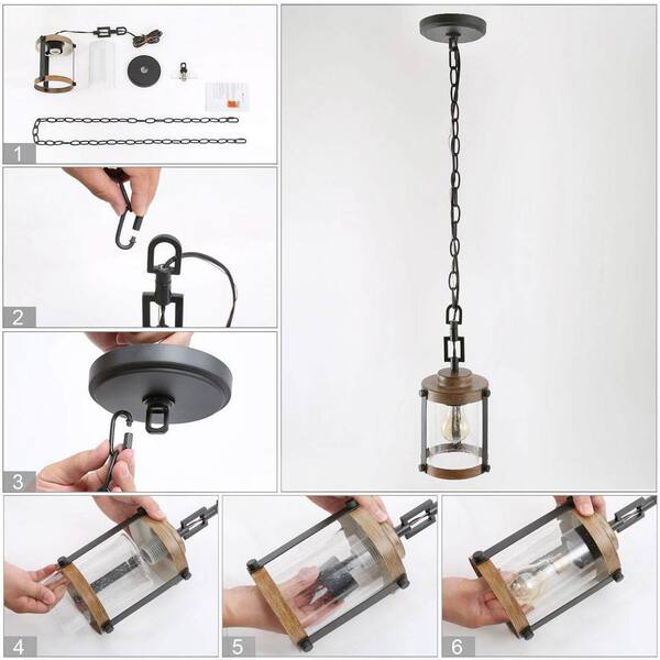 Modern Farmhouse Brown Chandelier 1-Light 6 in. Black Drum Mini Island Pendant Light with Seeded Glass Shades