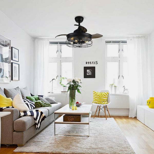 36 in. Downrod Mount Retractable 3-Blade Black Ceiling Fan with Light Kit and Remote Control