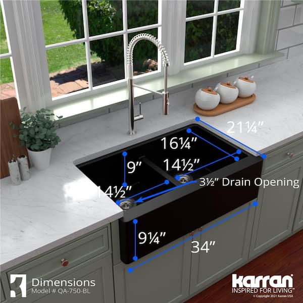 Farmhouse Apron Front Quartz Composite 34 in. Double Bowl Kitchen Sink in Black