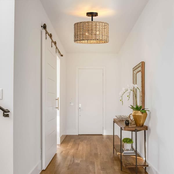 Seymour 13.6 in. 2-Light Black Canopy Rattan Drum Semi-Flush Mount Ceiling Light with Black Canopy