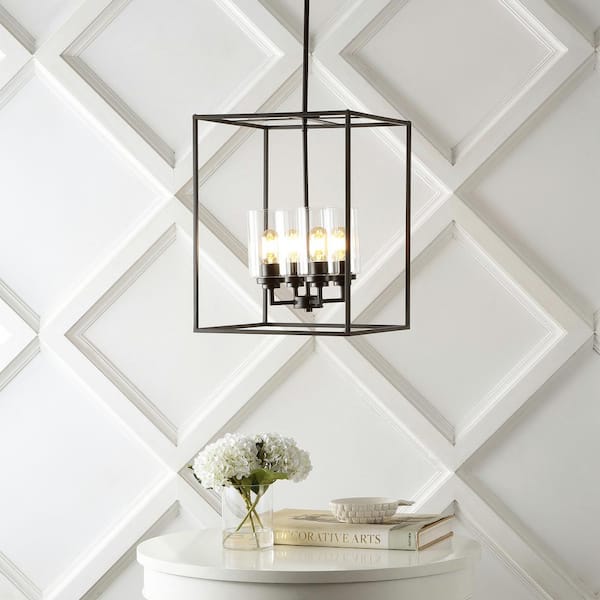 Everly 15.5 in. 4-Light Industrial Farmhouse Iron/Glass LED Pendant, Oil Rubbed Bronze