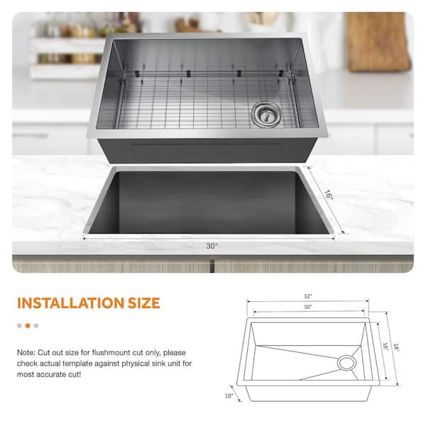 All-in-One Zero Radius Undermount 16G Stainless Steel 32 in. Single Bowl Kitchen Sink, Offset Drain, Spring Neck Faucet