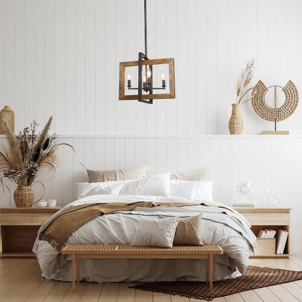 4-Light Black Modern Farmhouse Geometric Caged Wood Candelabra Chandelier LED Compatible Pendant Lighting