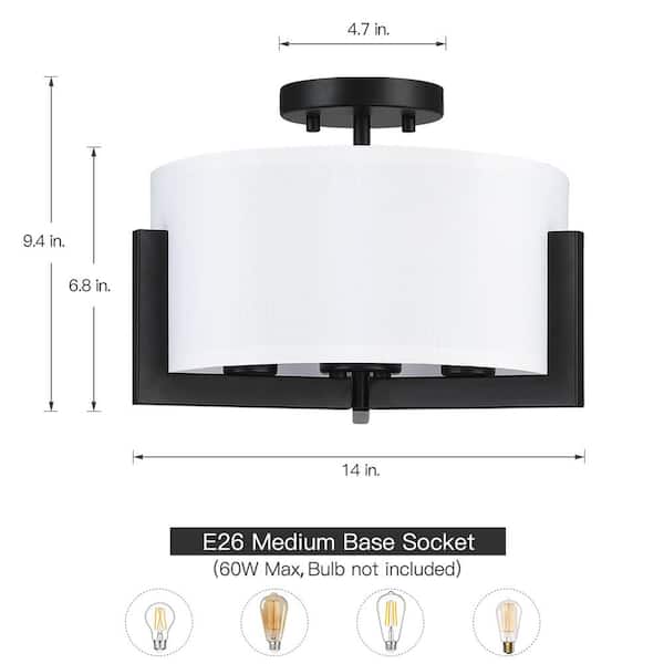 14 in. 3-Light Matte Black Semi-Flush Mount Ceiling Light with Drum Shade