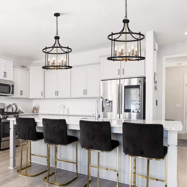 LEPETOS Modern Farmhouse 6-Light Matte Black Chandelier Drum Island Ceiling Light with Brass Candlestick Lamp Holders