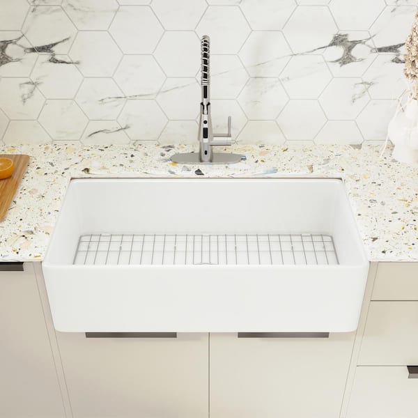 White Fireclay 36 in. Single Bowl Farmhouse Apron Kitchen Sink with Bottom Grid and Basket Strainer