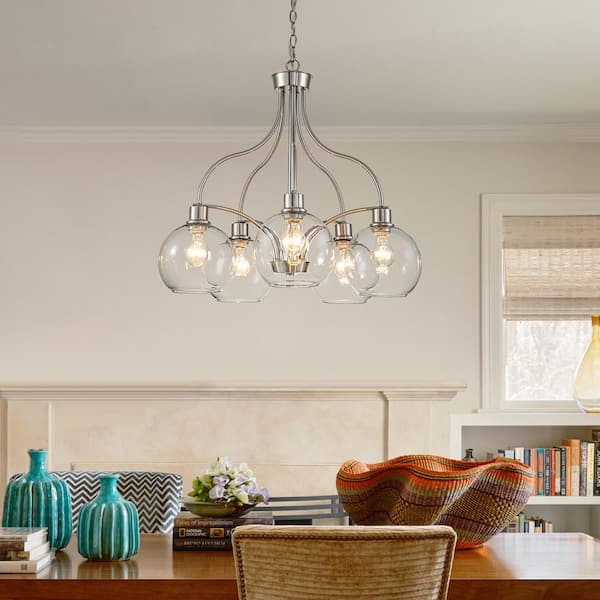 Jacob 5-Light Brushed Nickel Contemporary Dinning Room Chandelier with Clear Glass Shade