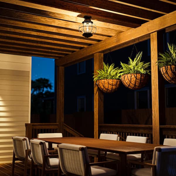 Greer 1-Light Black Outdoor Semi-Flush Mount Ceiling Light with Caged Seeded Glass