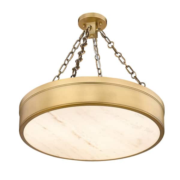 Anders 24 W 22 in 3 Light Rubbed Brass Integrated LED Semi Flush Mount Light with Marbling Parian Plastic Shade