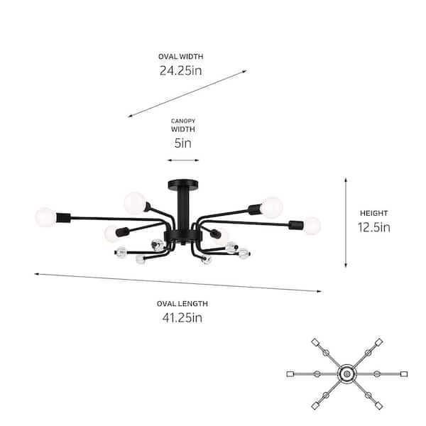 Ocala 41.25 in. 6-Light Black Living Room Art Deco Semi-Flush Mount Ceiling Light with Clear Crystal