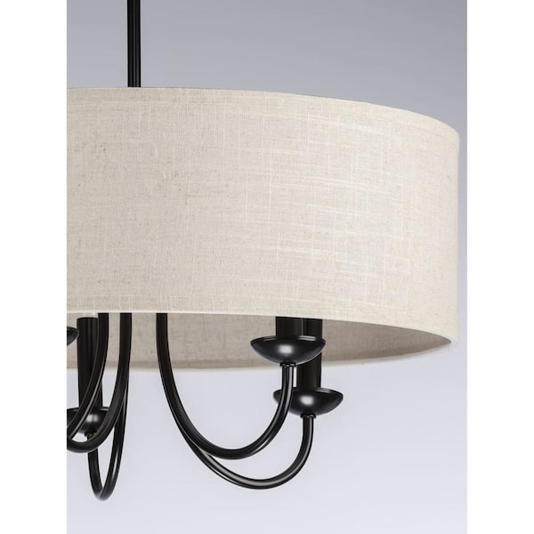 Drum Shade Collection Farmhouse 21-5/8 in. 5-Light Matte Black with Harvest Linen Shade Chandelier Light