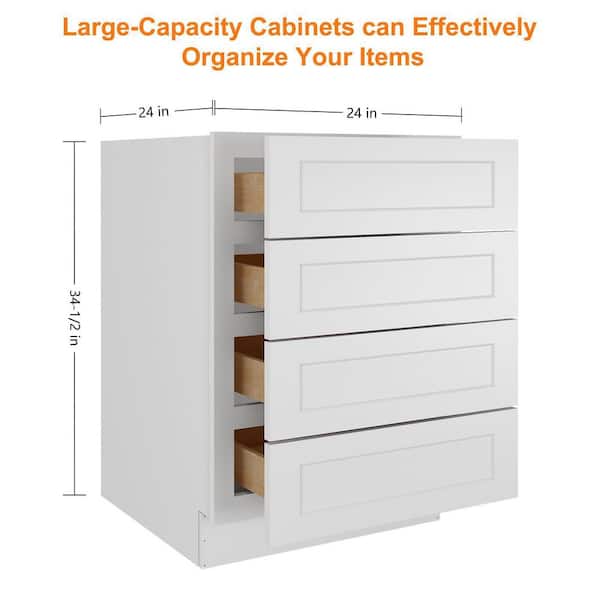 24 in. W x 24 in. D x 34.5 in. H in Shaker White Plywood Ready to Assemble Floor Base Kitchen Cabinet with 4 Drawers
