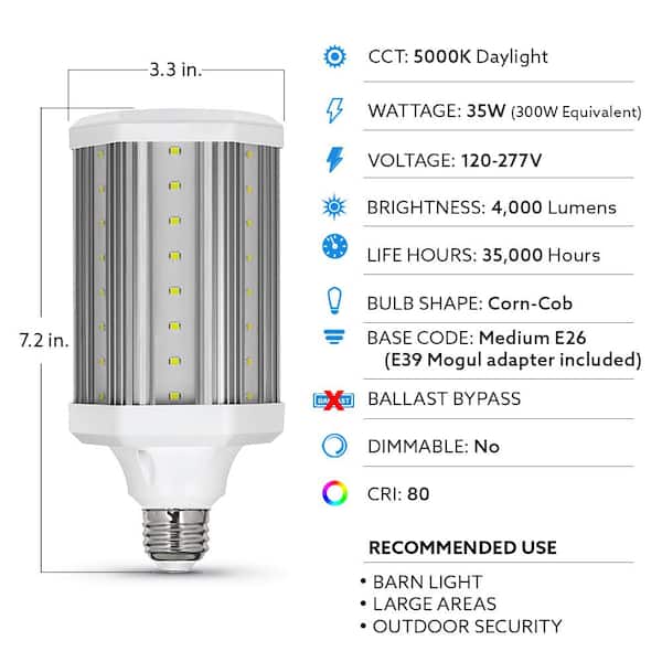 300-Watt Equivalent Corn Cob High Lumen Daylight (5000K) HID Utility LED Light Bulb (1-Bulb)