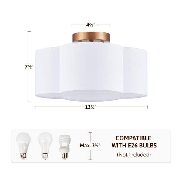 13.5 in. 4-Light Brushed Gold Semi-Flush Mount with White Fabric Drum Shade