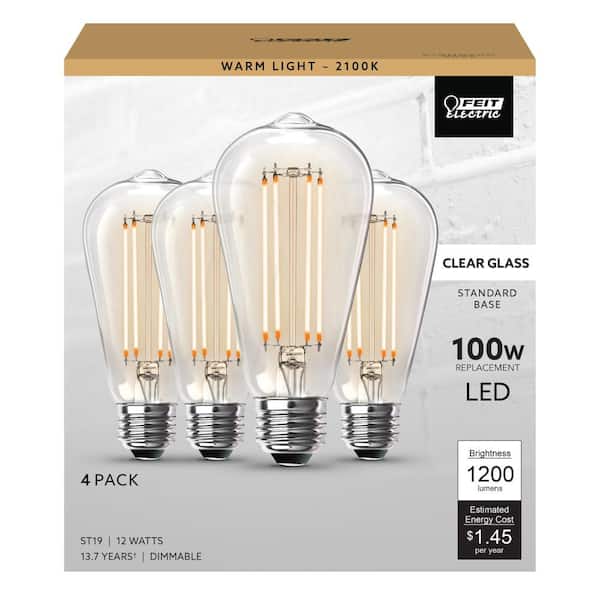 100-Watt Equivalent ST19 Dimmable Straight Filament Clear Glass E26 Vintage Edison LED Light Bulb, Warm White (4-Pack)